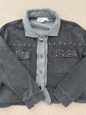 Vintage Havana Charcoal Jacket with Light Gray Sherpa Trim and Gold Studs
